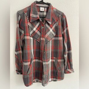 CAbi Plaid Tavern Shirt Fringe Detail Red Gray Size M